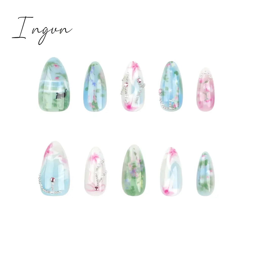 24pcs Long Almond Y2k Nails Press On Nails Pastoral Style False Nails With Designs Wearable Colorful Flowers Fake Nails Finished