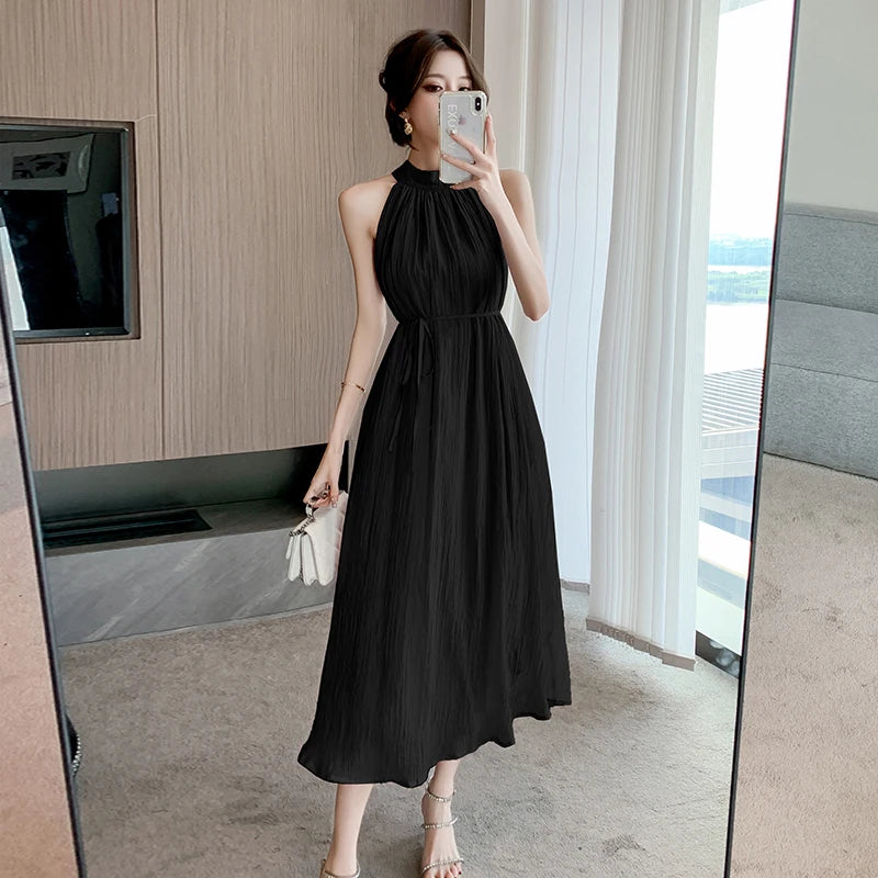 Elegant Party Beach Chiffon Bandage Midi Dresses for Women Summer New Sleeveless Neck-mounted Loose Casual Female Clothing