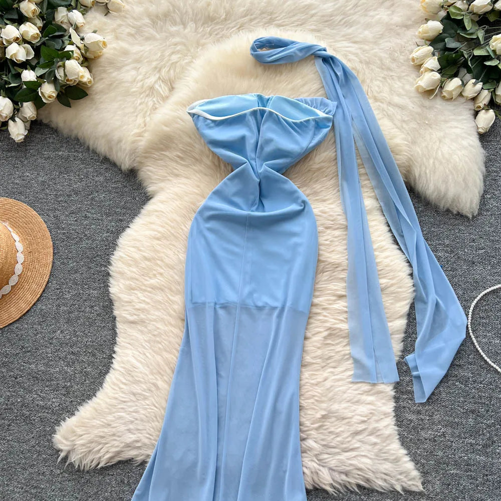Chic vintage Sexy Strapless mesh sleeveless Fairy Summer  Women Boho Sundress Beach women clothing Long dress