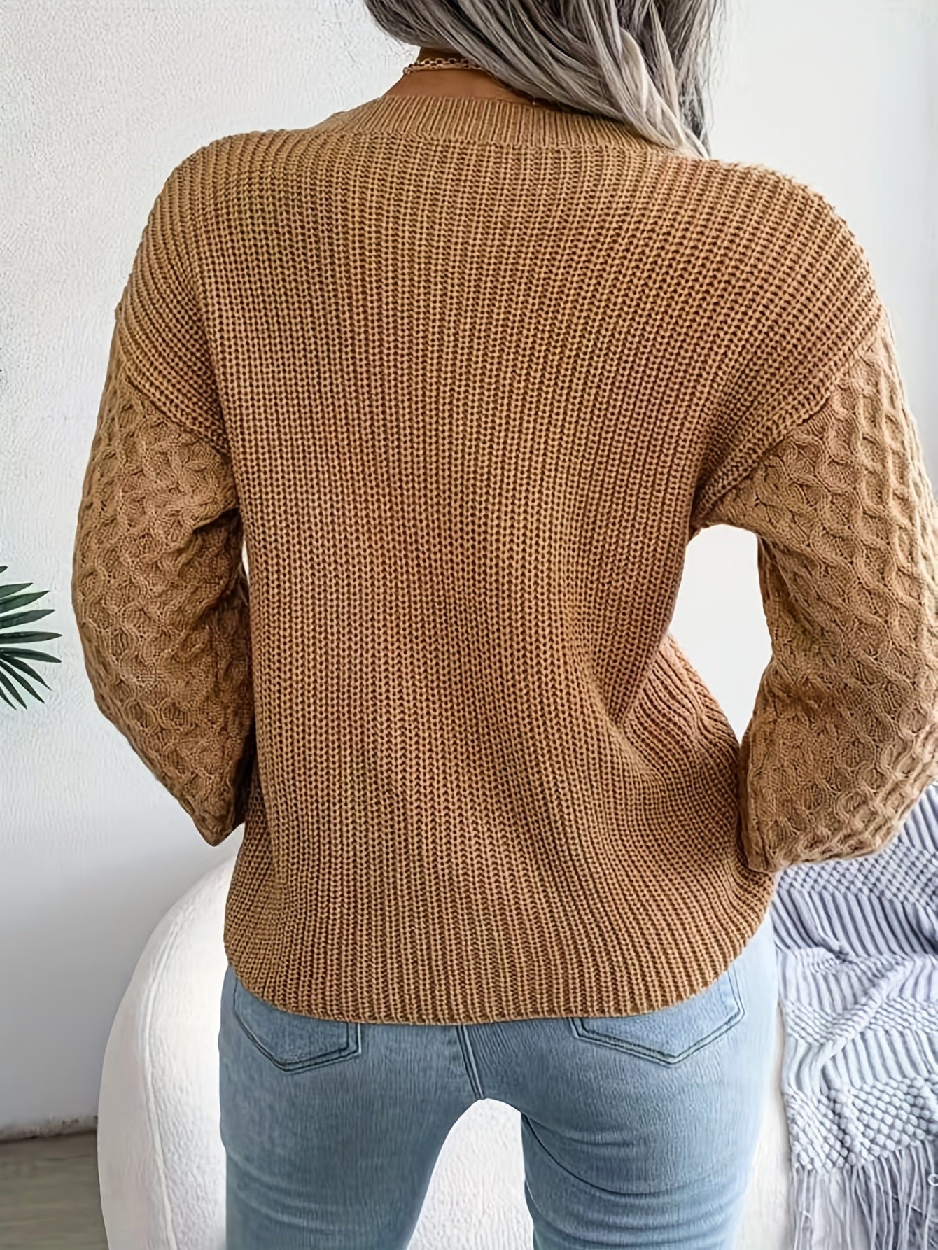 Solid Crew Neck Pullover Sweater, Casual Lantern Sleeve Loose Sweater For Fall & Winter, Women's Clothing