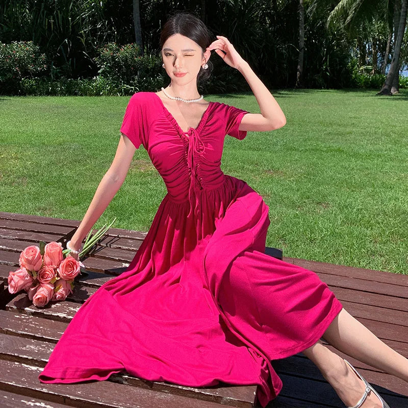 Elegant Beach Holiday Long Dresses for Women Summer New Vintage Lace-up Drawstring V-neck Casual Sweet Slim Female Clothing