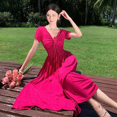 Elegant Beach Holiday Long Dresses for Women Summer New Vintage Lace-up Drawstring V-neck Casual Sweet Slim Female Clothing