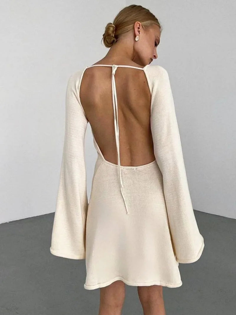 Ingvn  Womens Flare Sleeve Lace-up Backless Pink Sweater Dress Ladies Autumn High Waist Hollow Out Knitted White Party Vacation Dresses