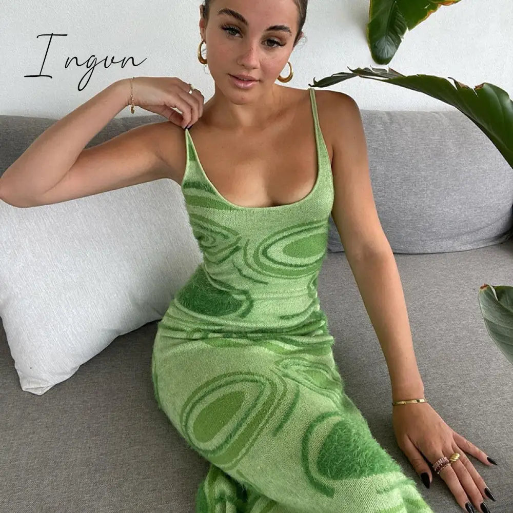 Ingvn - Paisley Print Knit Dress Women Green Y2K Summer Sexy Bodycon  Sleeveless Spaghetti Strap Beach Party Midi Dresses