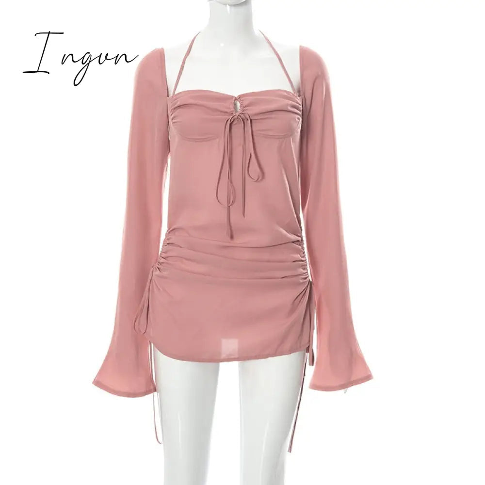 Ingvn - Going Out Outfits Spring Elegant Cut Out Halter Bodycon Mini Dress Women Sexy Flare Long Sleeve Drawstring Backless Party Dresses