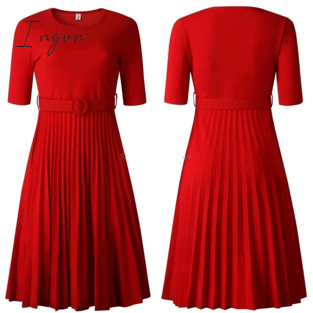 Ingvn - African Style Women Casual Belted Pleated Dress Elegant Chic Office Lady A-Line High Waist Dress Autumn Winter Fashion