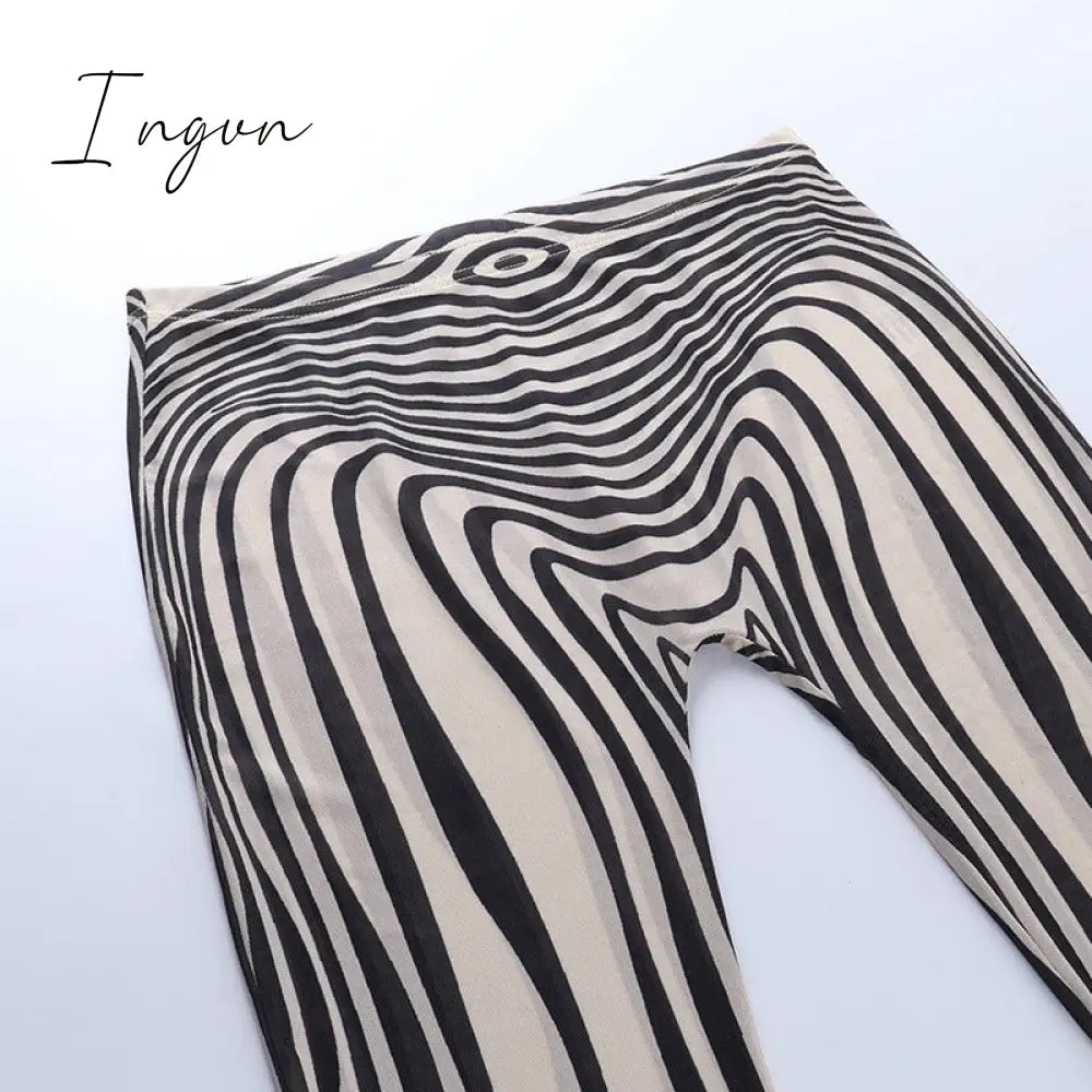 Ingvn - Autumn Mesh Zebra Striped Sets Women 2 Piece Suit T-shirt + Long Pants See-through Sexy Co-ord Set Female Tracksuit Costume