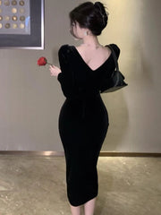 Sexy Vintage Velvet Black Dress for Women Autumn Long Sleeve Bodycon Evening Party Dresses Female Fashion Chic Prom Vestidos