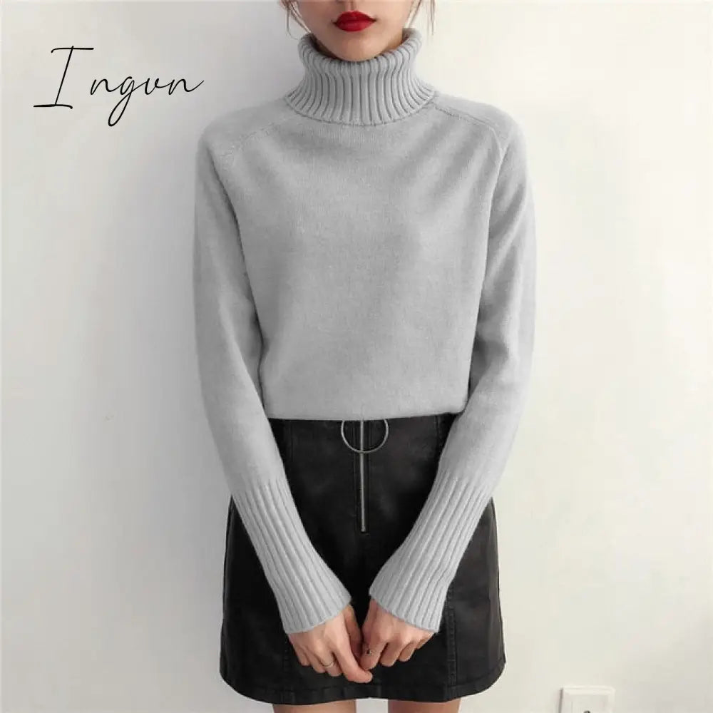 Ingvn - Cashmere Knitted Sweater Women Autumn Winter Korean Turtleneck Long Sleeve Pullover Female Jumper Green Knitwear