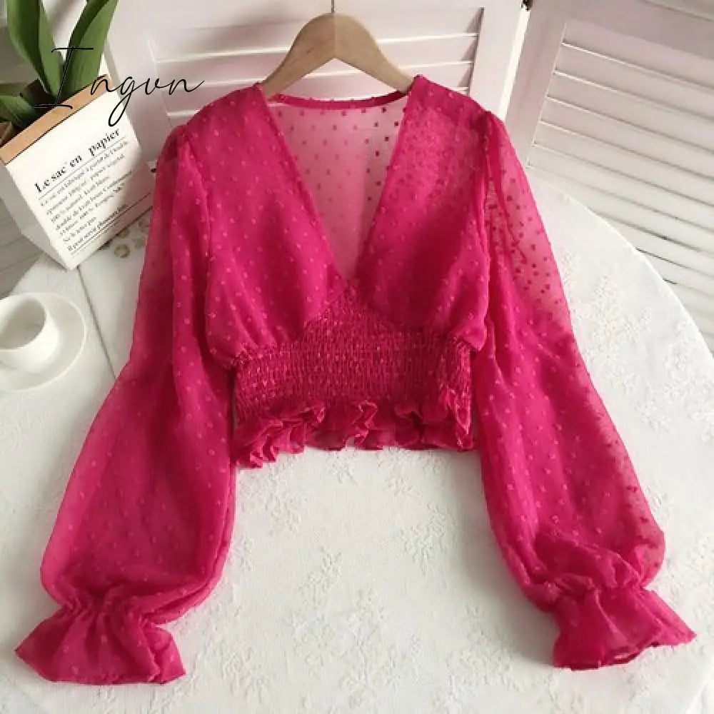 Ingvn - Women Fashion Spring Women Sweet Spot Blouse Ladies Fashion Chiffon Pullover Shirt V-neck Slim Long Puff Sleeve Folds Tunic Short Top