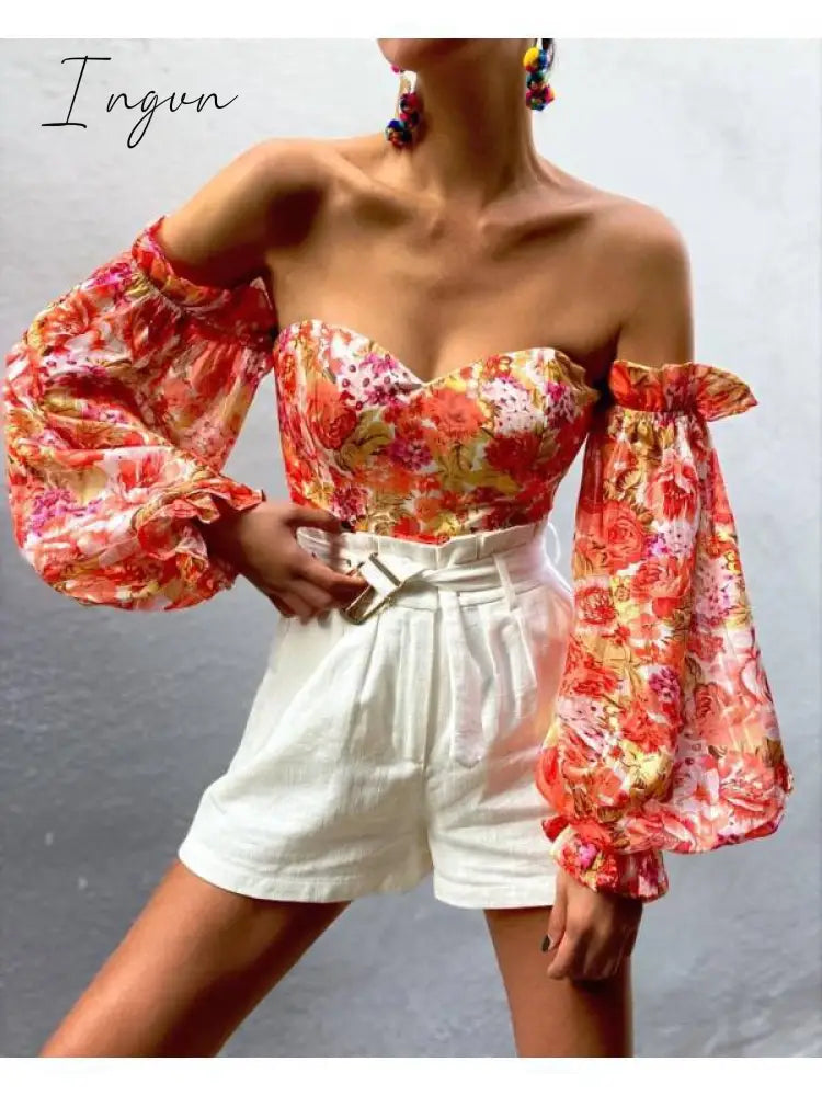Ingvn - Summer Sexy Off The Shoulder Blous Women Fashion Slash Neck Tube Top Floral Puff Sleeve Blouse Women