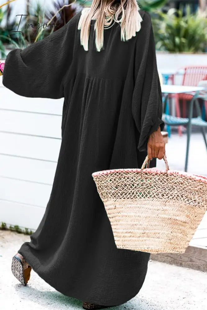 Ingvn - Casual Solid Buckle O Neck Long Sleeve Dresses(3 Colors)
