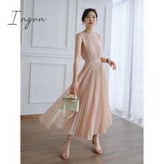 Ingvn - Summer Elegant Pink Dress Fashion Temperament Romantic Gentle and Sweet Pleated  Sleveless Dresses High Waist Women's Vest Dress