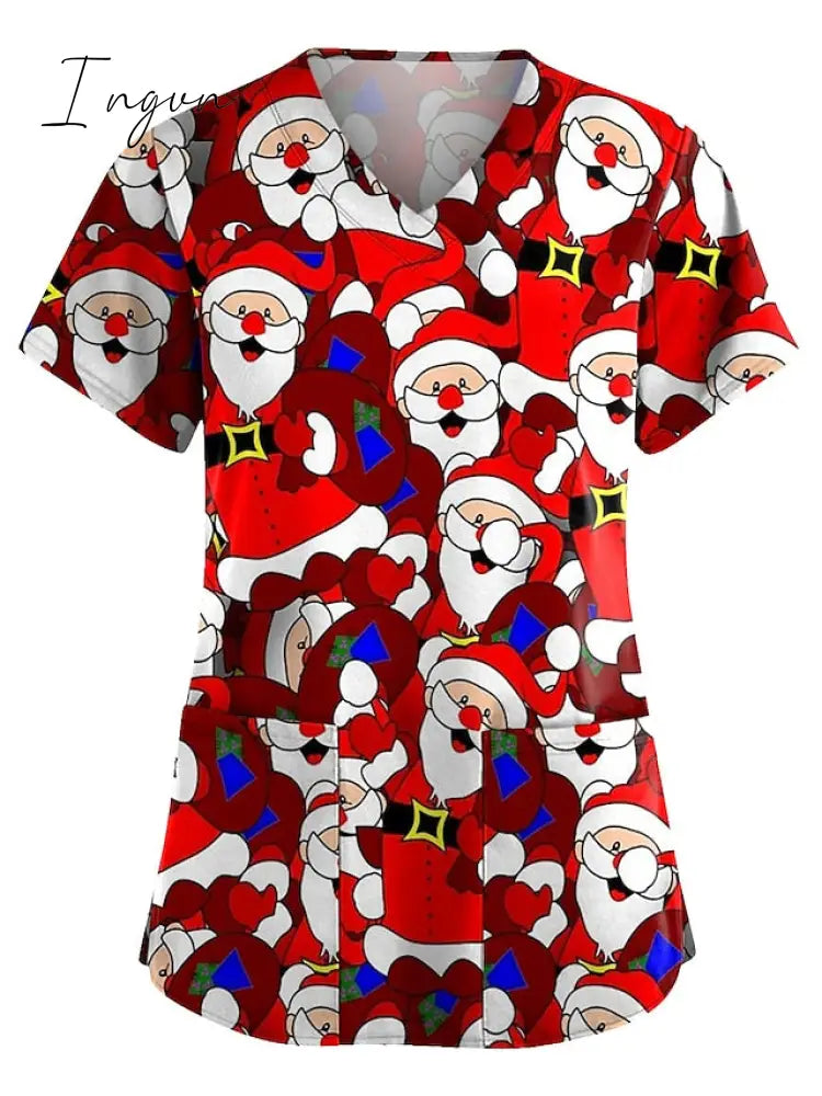 Ingvn - Christmas Scrub Tops Women Christmas Printing Short Sleeve V-Neck Working Uniform with Pocket Pullover Red 3X-Large