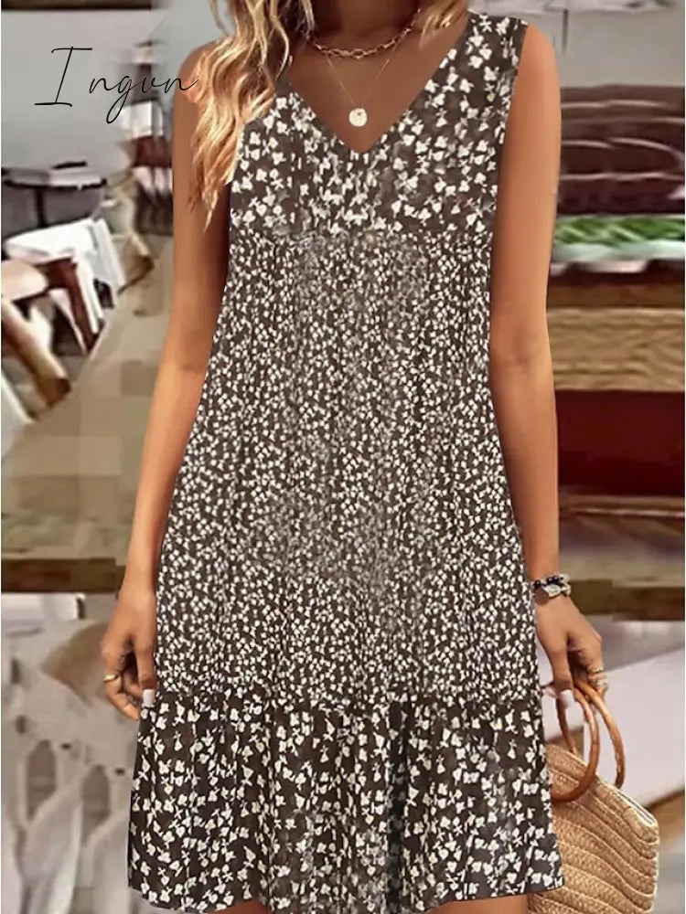 Ingvn - Women's Casual Dress Shift Dress Midi Dress Brown Sleeveless Floral Print Spring Summer V Neck Basic Daily Weekend 2023 S M L XL XXL 3XL