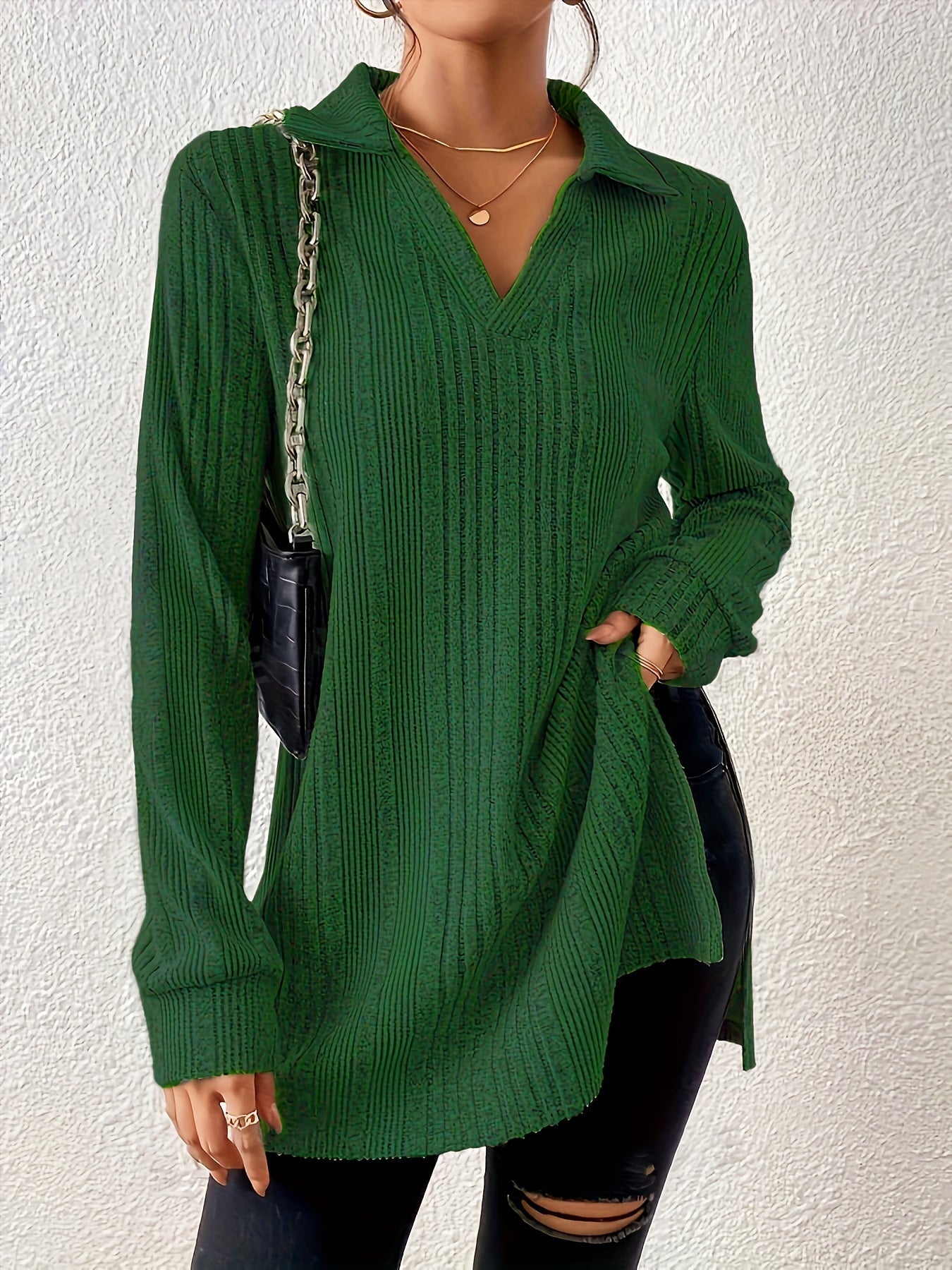 1pc Elegant Solid Color Ribbed Knit V-Neck T-Shirt, Long Sleeve Polyester Top for Women, Spring/Fall Casual Wear