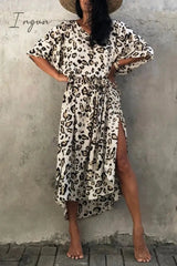 Ingvn - Vintage Vacation Print Leopard Slit Swimwears Cover Up