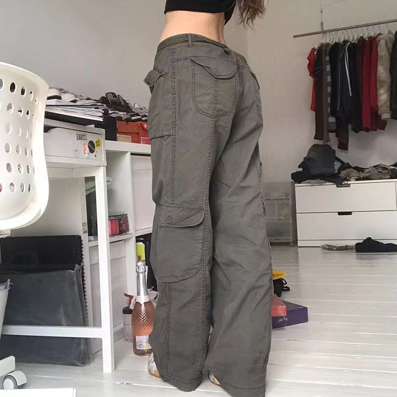 Voguable  Fashion American Trousers High Street Retro Gray Cargo Pants  Woman Sexy Low Waist Baggy Pants Casual Trousers Streetwear