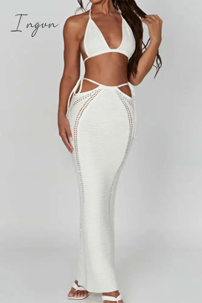 Ingvn - Sexy Vacation Solid Backless Strap Design Halter Sleeveless Two Pieces