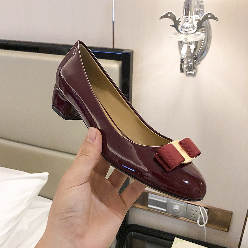 Patent Leather Bow In A Thick Single-heel Women's Shallow Flat-soled High-heeled Red Wedding Shoes Spring Shoes
