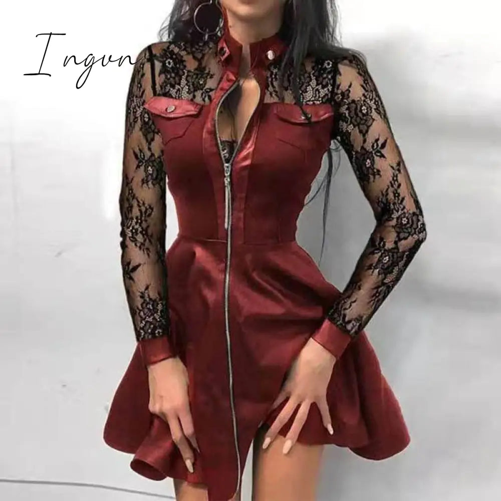 Ingvn - Sexy Stand Collar Print Zipper Long Sleeves Mini Dress Casual Autumn Winter Fashion Pocket Pu Leather Dress Elegant Slim Dresses