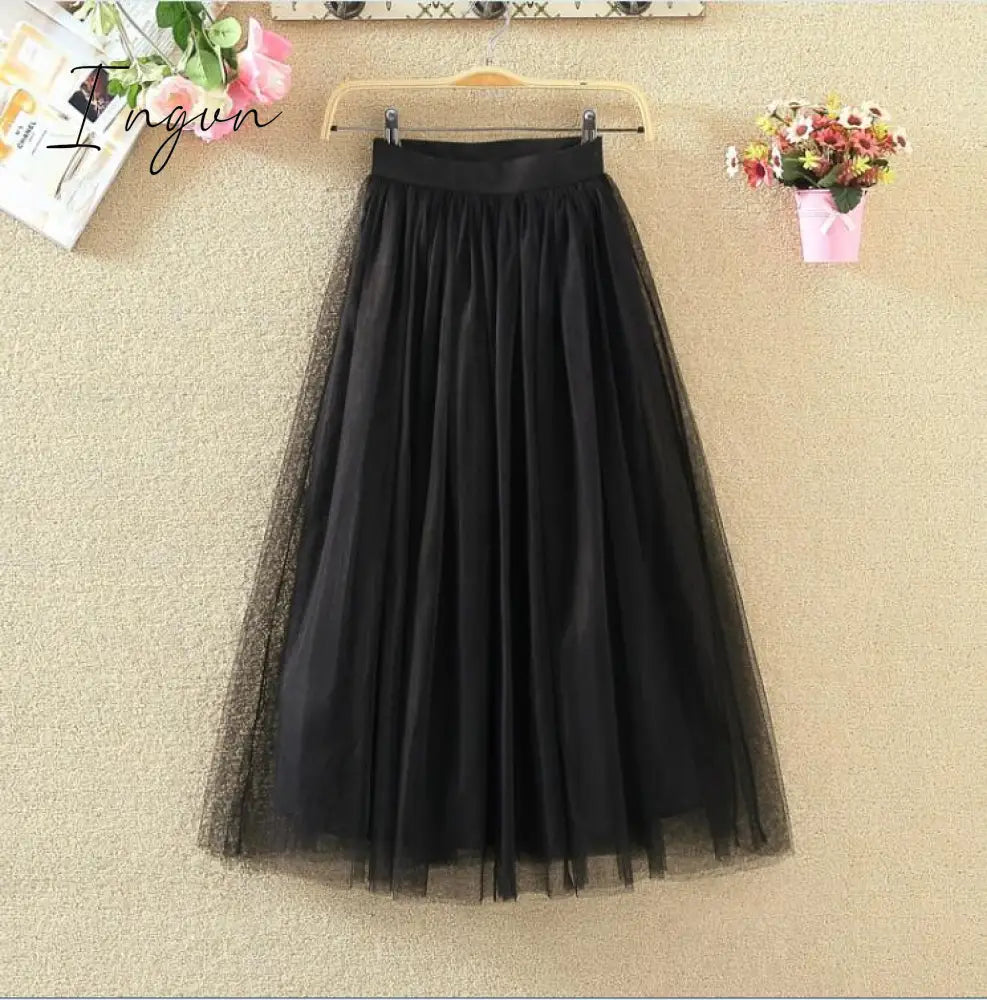 Ingvn - Autumn Winter Vintage Tulle Skirt Women Elastic High Waist Mesh Skirts Long Pleated Tutu Skirt Female Jupe Longue