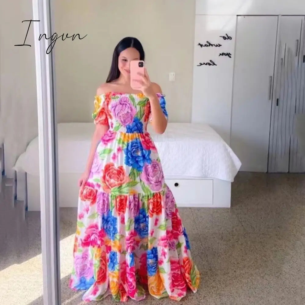 Ingvn - Women's 2023 Butterfly Summer Dress Tube Top Short Sleeve Ruffle Hem A Line Date Night Robes Vacation Bohemian Maxi Dresses XXXL