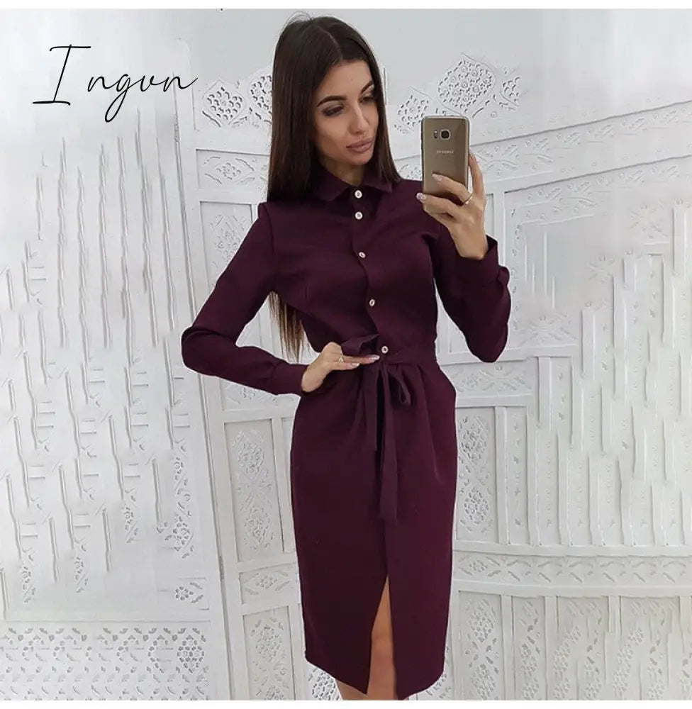 Ingvn - Lady Office Dress Autumn Long Sleeve Shirt Dress Fashion Turn-down Collar Single-breasted Party Dresses Платье  Casual Vestido