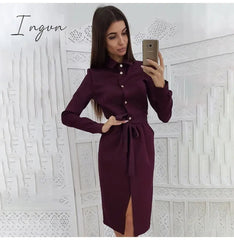 Ingvn - Lady Office Dress Autumn Long Sleeve Shirt Dress Fashion Turn-down Collar Single-breasted Party Dresses Платье  Casual Vestido