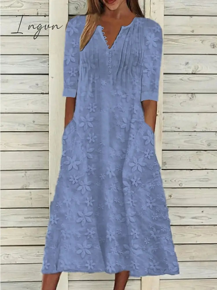 Ingvn - Women's Cotton Linen Dress Casual Dress Midi Dress Cotton Casual Mature Outdoor Daily Vacation V Neck Ruched Pocket Half Sleeve Summer Spring Fall 2023 Loose Fit White Blue Green Plain S M L XL 2XL