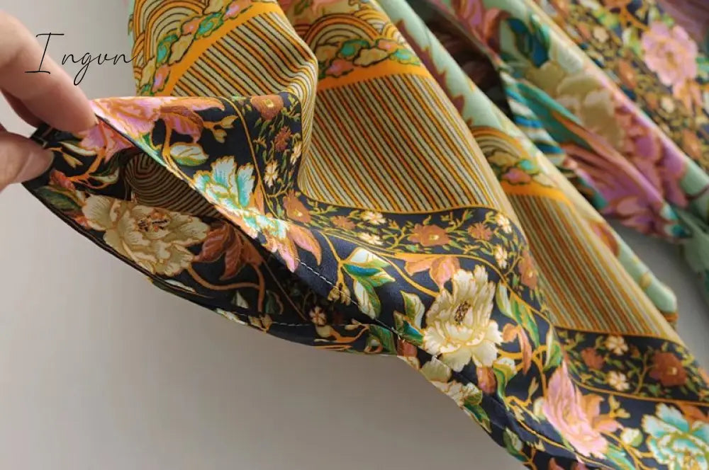 Ingvn - women peacock floral print bat sleeve beach Bohemian Kimono robe Ladies V neck Tassel Summer happie dress vestidos