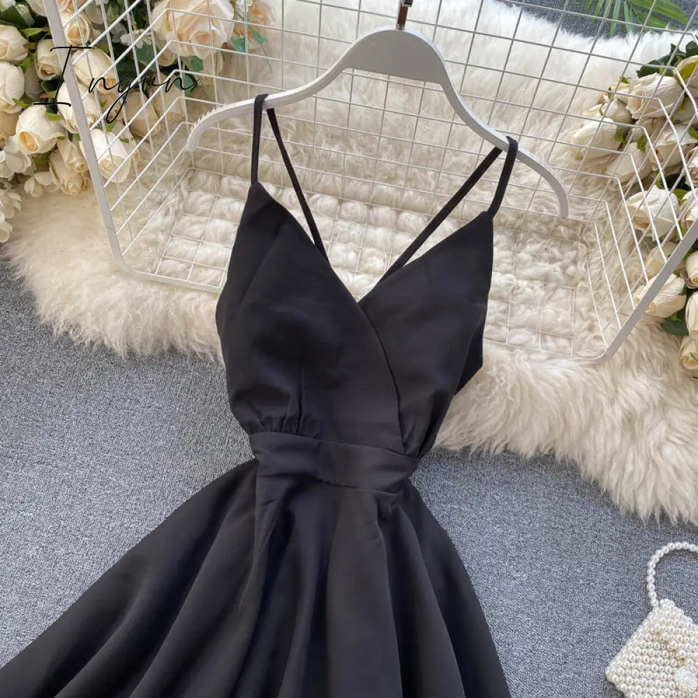 Ingvn - Summer Spring Beach Holiday V-Neck Backless Lace Up Ruffles Cakes Solid Elegant Women Lady A-line High Waist Dress