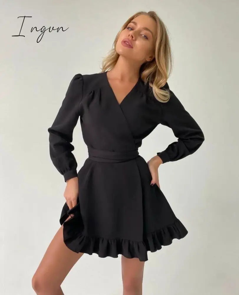Ingvn - Casual Ruffle Mini Dress Ladies Elegant Long Sleeve V-Neck Party Dress New Fashion Solid Sweet Spring Dresses Women Clothes