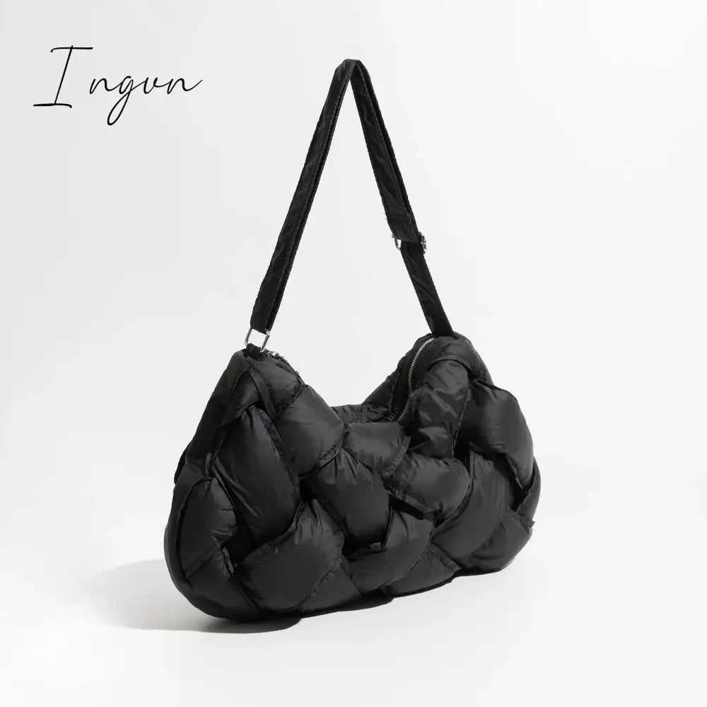 Ingvn - Black Woven Design Padded Shoulder Hobo Bag Cotton Down Crossbody Puffer Purse Big Women Winter Sling Handbag