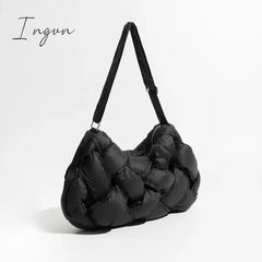 Ingvn - Black Woven Design Padded Shoulder Hobo Bag Cotton Down Crossbody Puffer Purse Big Women Winter Sling Handbag