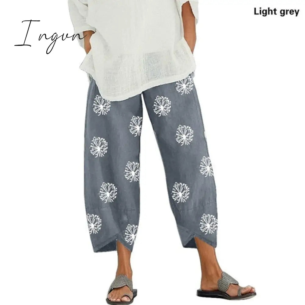 Ingvn - Vintage Harem Pants Women Casual Loose Printed Elastic Waist Cotton Linen Wide Leg Pants Summer Irregular Pantalon Cropped Pants