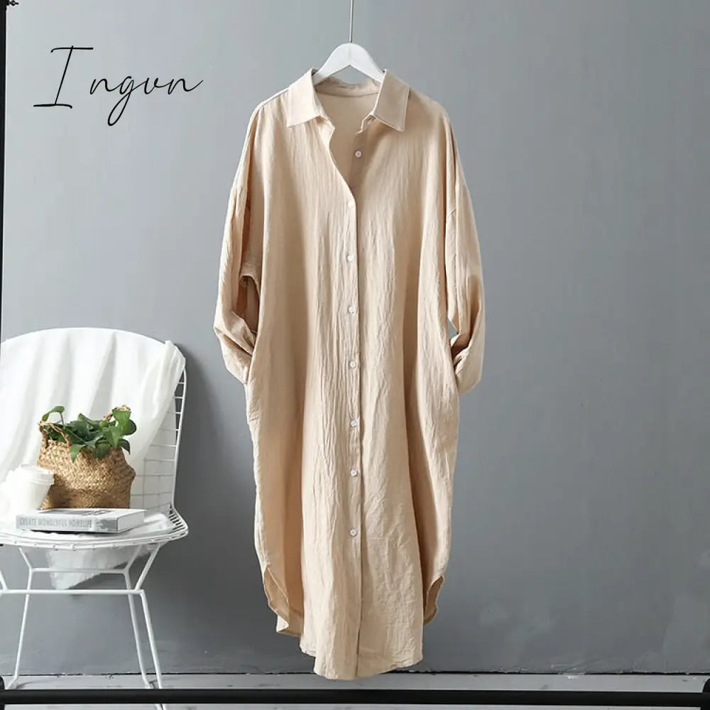 Ingvn - Long Sleeve Women Long Shirt Dress Spring Autumn Casual Buttons Loose Clothes Robe Femme Vestido