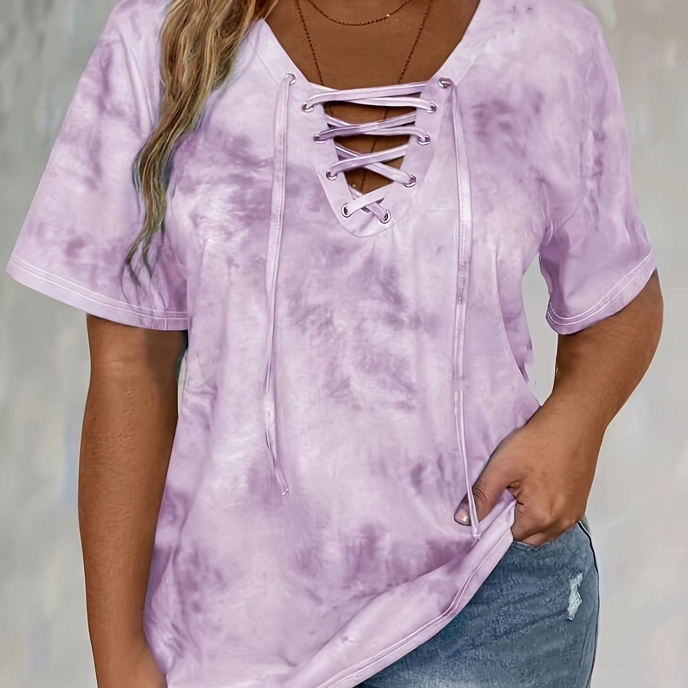 Women'S Plus Size Tie Dye Print Short Sleeve T-Shirt, Casual Loose Fit Tee with Lace-Up Drape Neck, Polyester 95% Spandex 5% Knit Fabric, Medium Stretch, Spring/Summer Pullovers, 175g/m² - Purple