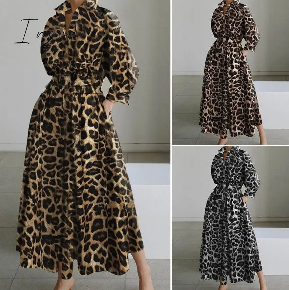 Ingvn - Elegant Women Spring Autumn Sundress Fashion Lapel Neck Long Sleeve Solid Long Shirt Dress OL Vestidos Robe Femme 5XL Long Dress