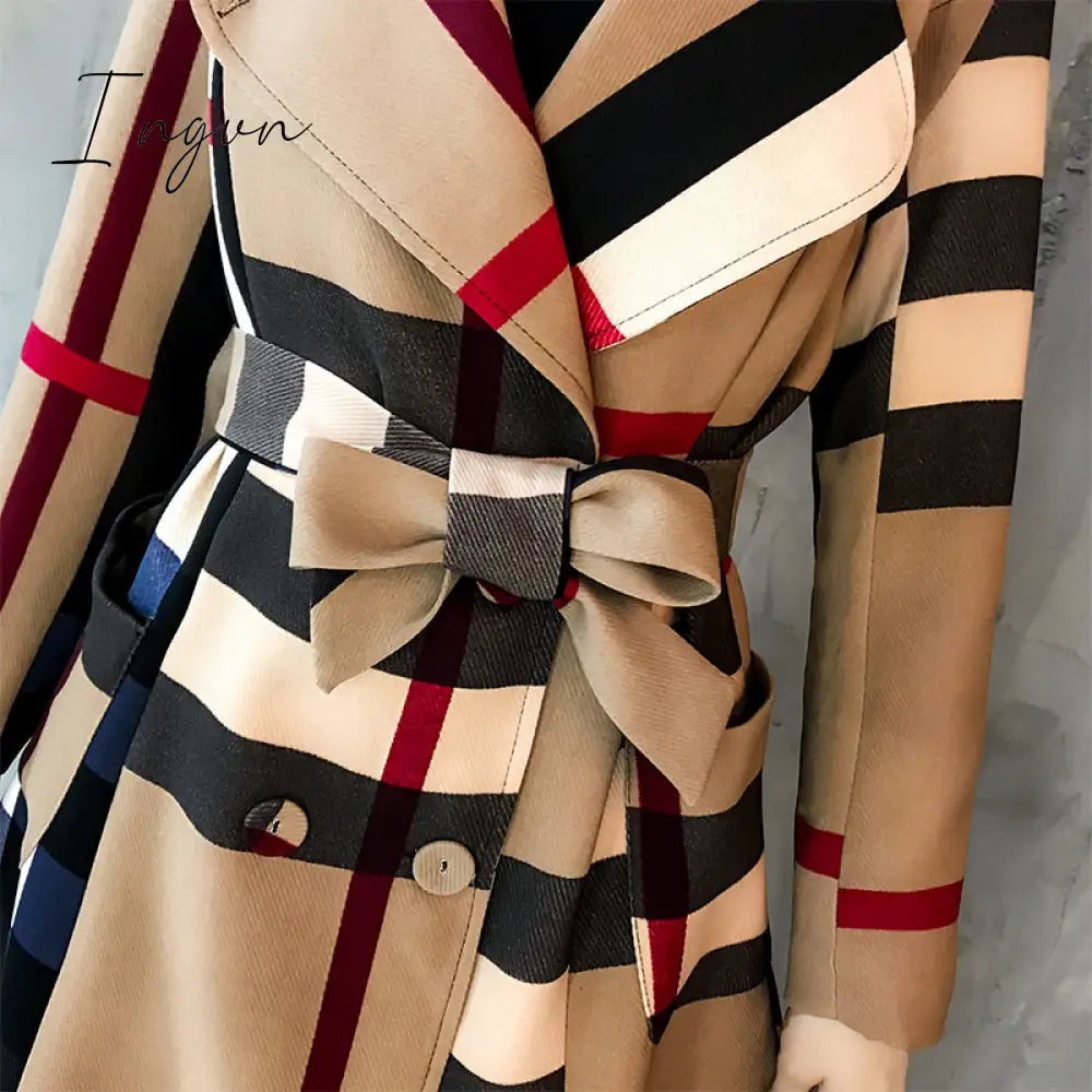 Ingvn - Thickened autumn and winter new women's lapels in the long simple color matching retro plaid coat temperament windbreaker