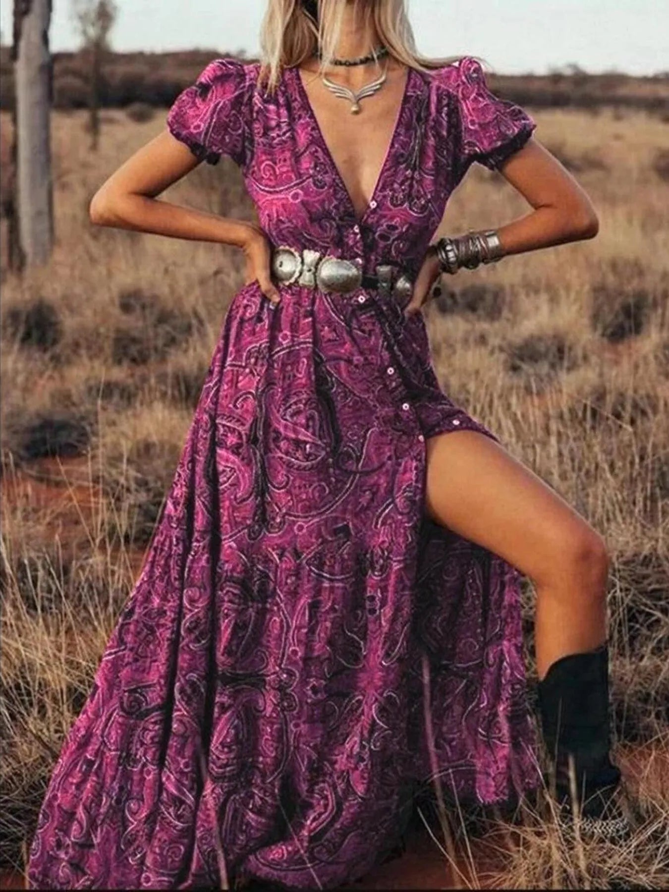 Full Size Printed Puff Sleeve Maxi Dress Plus Size