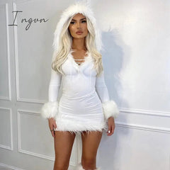 Ingvn - Furry Long Sleeve Hooded Bodycon Mini Dresses Women White V Neck Fuzzy Dress Skinny Christmas Party Streetwear Winter