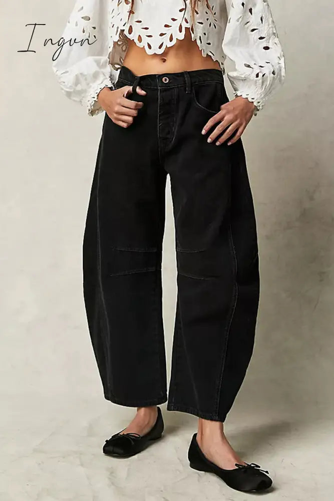 Ingvn- Casual Vintage Solid Pocket Without Belt Mid Waist Loose Denim Jeans(No Belt)