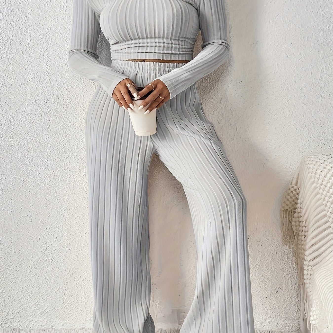Casual Ribbed Solid Color Pants Set, Low Cut Neck Long Sleeve Crop Top & Elastic Waist Wide Leg Loose Pants, Women's Clothing