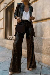 Ingvn - Casual Street Solid Sequins Cardigan Collar Long Sleeve Two Pieces