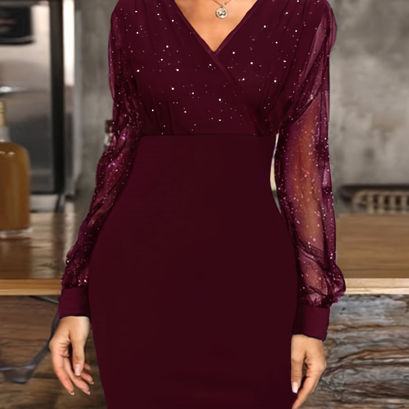 Solid Sequin Stitching Lace Long Sleeve Dress, Elegant Mesh Slim Sexy Party Dress, Women's Clothing