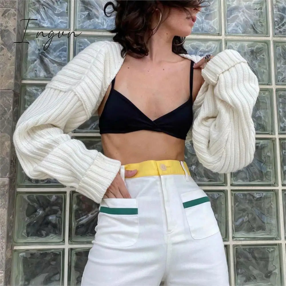 Ingvn - Sexy cropped cardigan knitted short cardigan sweaters for women fashion cute tops korean style long sleeve top batwing sleeve