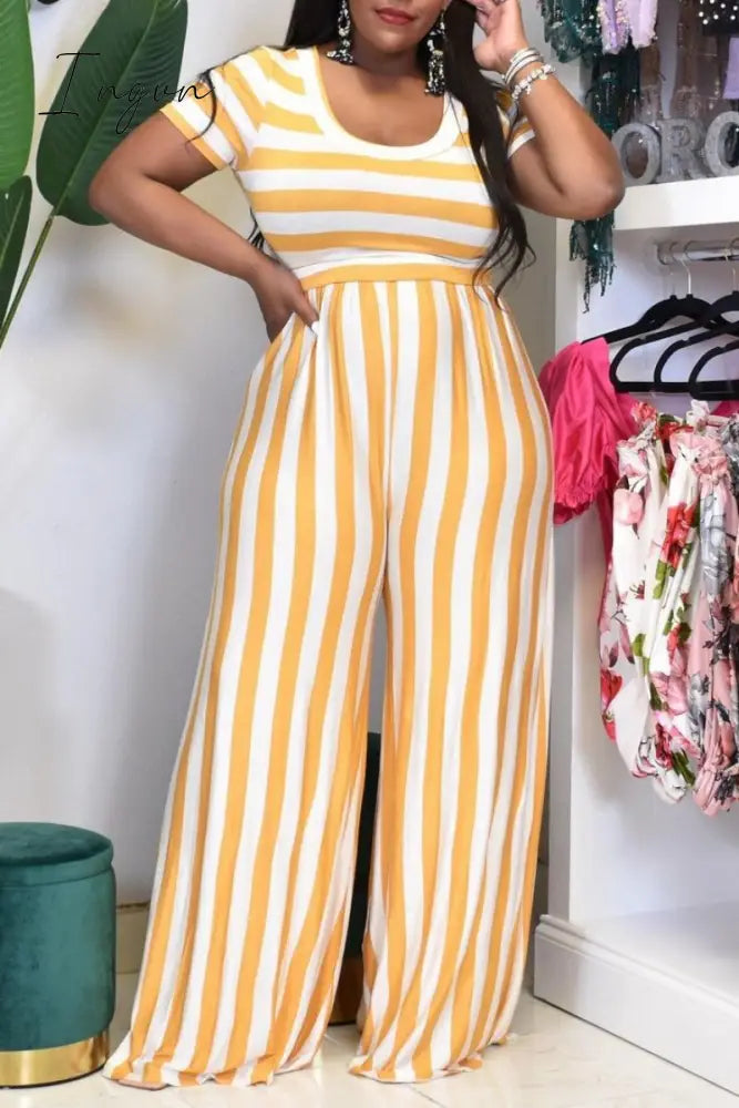 Ingvn - Yellow Casual Striped Print Patchwork O Neck Plus Size Two Pieces