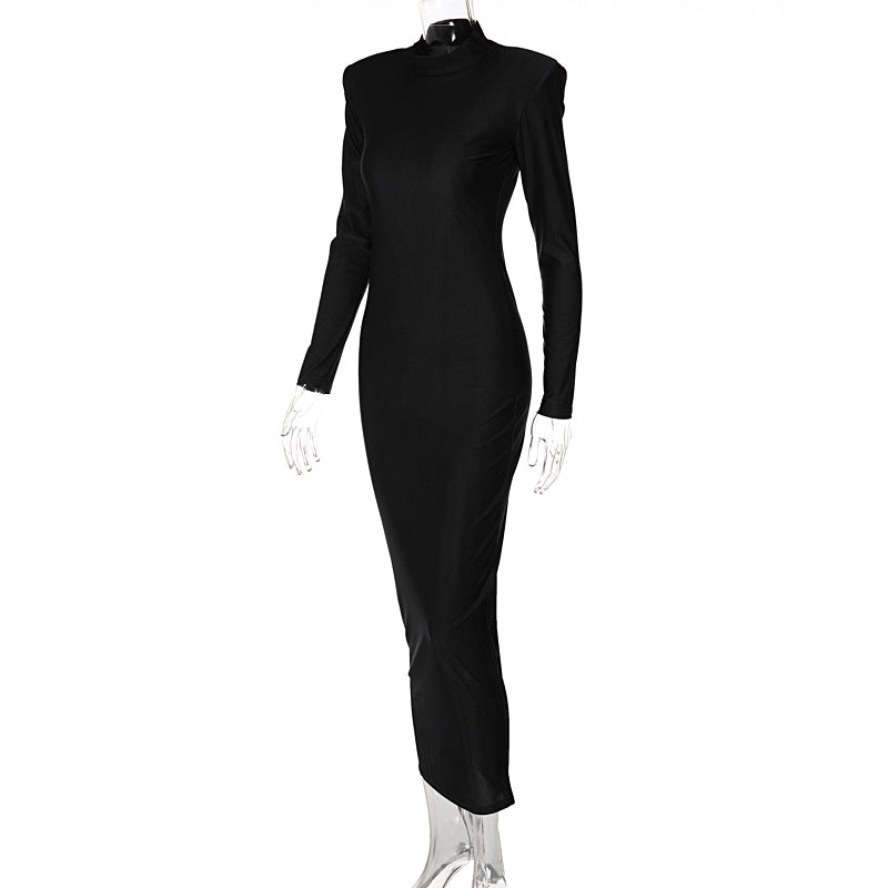 Solid Long Sleeve With Shoulder Pads Turtleneck Maxi Dress New Year Women Fashion Streetwear Elegant Skinny