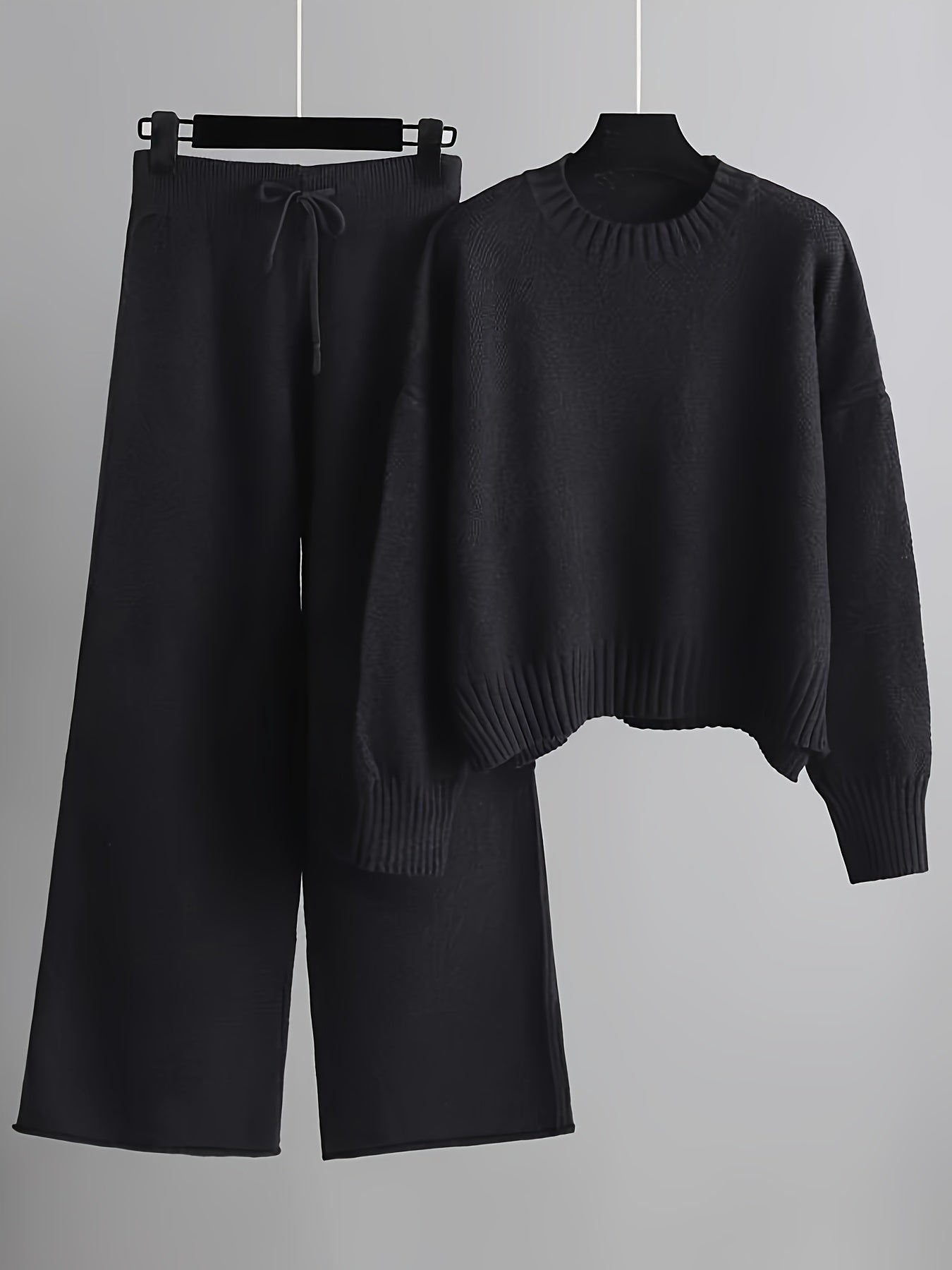 Cozy Knit Pants Set - Soft Long Sleeve Crew Neck Drop Shoulder Sweater, Drawstring Waist Wide Leg Pants, Comfortable Women's Clothing Outfit for Casual Daily Wear - Autumn Winter Fashion Essentials